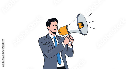 A businessman in a suit holds a megaphone to his mouth, seemingly making an announcement or speaking loudly.
