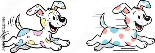 Cute colorful cartoon dogs running happily, playful puppies, funny pet illustration, happy dog design for children