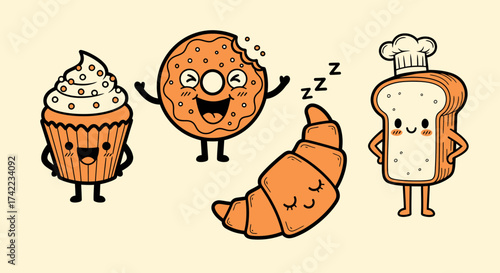 Cartoon drawing of happy cupcake donut croissant bread with faces