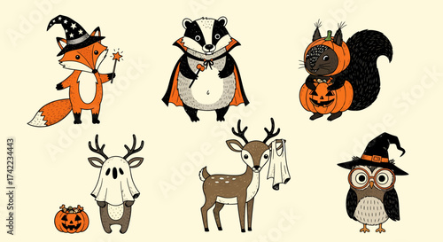 Cute cartoon animals dressed up for halloween party celebration vector illustration