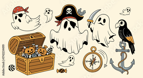 Flat vector halloween ghosts pirate themed with candy in treasure chest