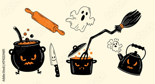Flat vector halloween kitchen tools with spooky faces and ghost illustration