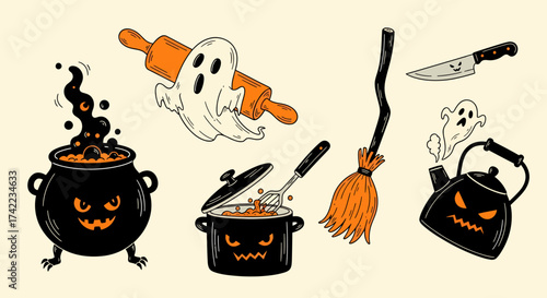 Flat vector Halloween kitchenware spooky tools cauldron teapot rolling pin witchcraft