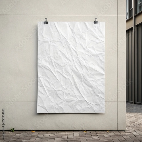 white paper wrinkled poster template ,blank glued creased paper sheet mockup.white poster mockup on wall. empty paper mockup..