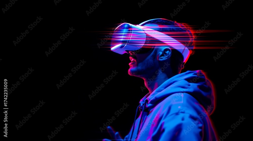 Fototapeta premium Exploring virtual reality man wearing vr headset future technology gaming metaverse experience simulation reality