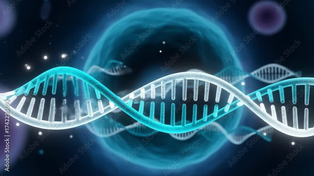 DNA strands spiraling in a scientific illustration against a cellular background