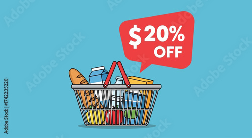 A shopping basket overflowing with groceries, accompanied by a promotional discount offer.