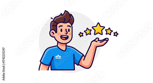 Cartoon man in blue shirt holding five gold stars, smiling with a positive expression.