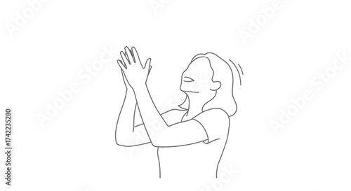 A simple line drawing shows a woman clapping her hands enthusiastically, looking upwards with joy.