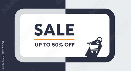Sale advertisement featuring a shopping cart icon with a tag, promoting discounts up to 50% off, set against a split white and dark blue background.