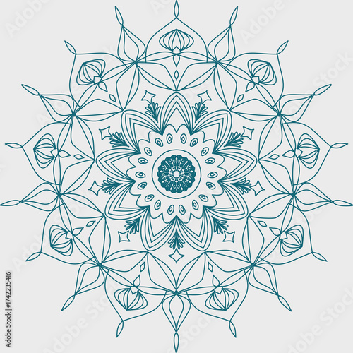 Green line drawing mandal on white background, ethnic fabric pattern, for paper, carpet, cloth, textile, wallpaper, wrapping, decoration.