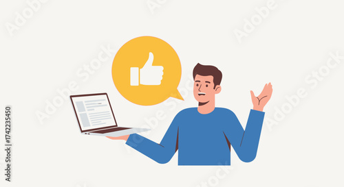 A man holding a laptop with a like symbol, expressing approval and positive feedback.