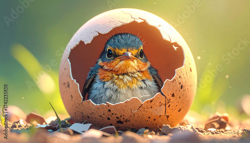 tiny, fragile bird just hatched from a broken egg, wet feathers glistening, sitting amidst delicate shell fragments, with soft light highlighting its new life and the tender beginning of its journey