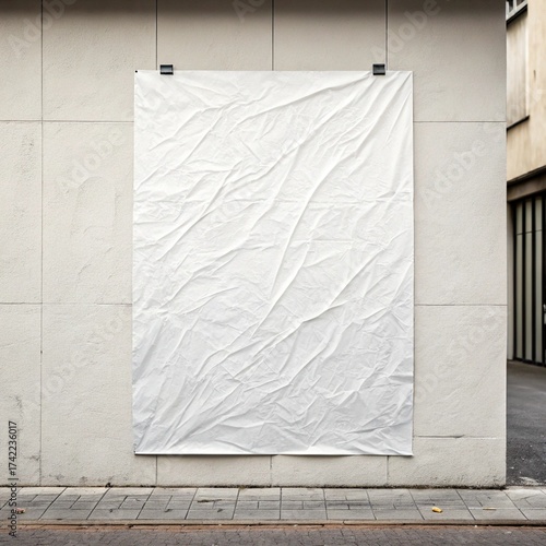 white paper wrinkled poster template ,blank glued creased paper sheet mockup.white poster mockup on wall. empty paper mockup..