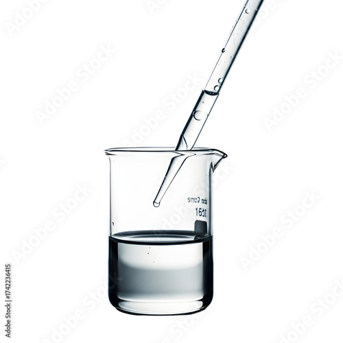 Beaker with liquid and pipette on transparent background