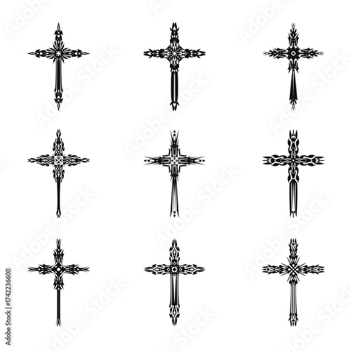 Christian cross vector icon symbols.  Abstract christian religious belief or faith art illustration for orthodox or catholic design. The symbol of the cross in various designs used in tattoo.