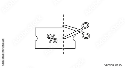Scissors cutting a coupon with a percentage sign along a dotted line, representing a discount or sale.