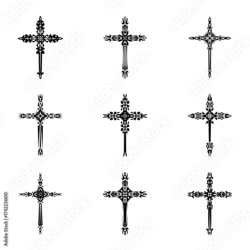Christian cross vector icon symbols.  Abstract christian religious belief or faith art illustration for orthodox or catholic design. The symbol of the cross in various designs used in tattoo.