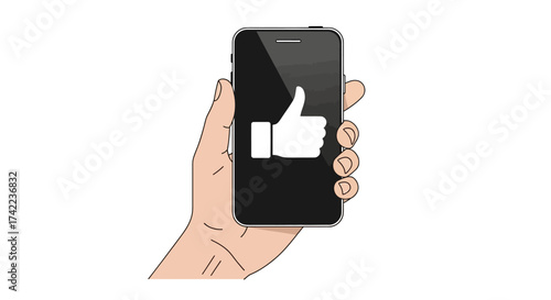 A hand holding a smartphone displaying a white thumbs-up icon on a black screen.