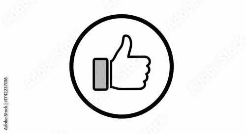 A simple black and white illustration of a hand giving a thumbs up inside a circular border.