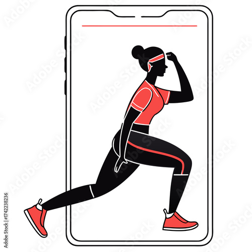 Silhouette of a woman performing a lunge exercise within a smartphone screen representing a digital fitness app or online workout program