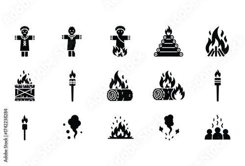 Vector illustration of vector art of collection of black icons representing fire, safety, and camping themes