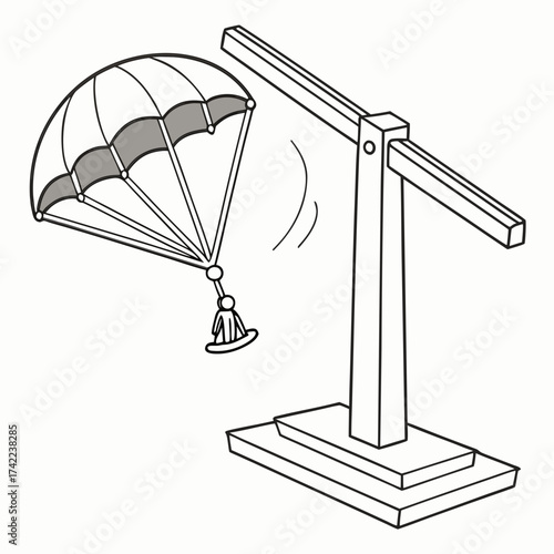 A small figure descends safely from a crane using a parachute illustrating a controlled descent and a successful rescue operation