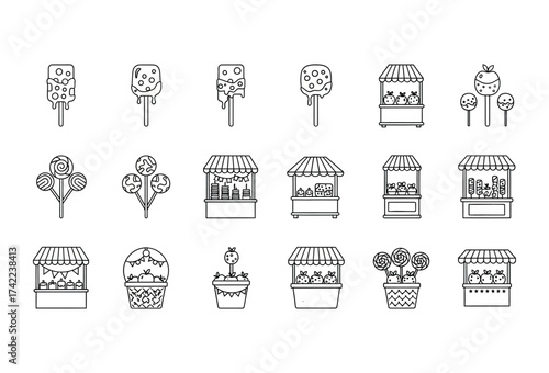 Vector illustration of vector art of handdrawn icons of flowers, shops, and market elements