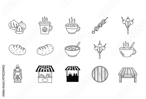 Vector illustration of vector art of handdrawn food and shop icons set including bakery, caf, and market symbols