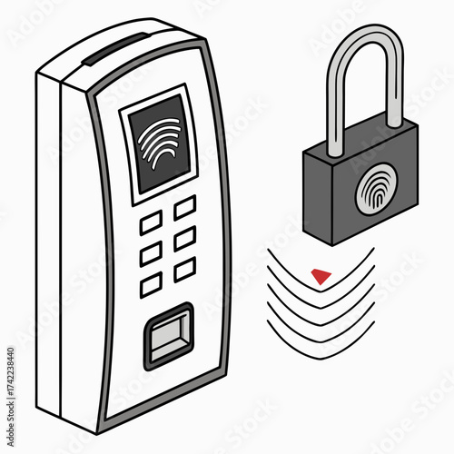 Modern biometric fingerprint scanner access control system communicating wirelessly with a digital padlock for secure entry and authentication