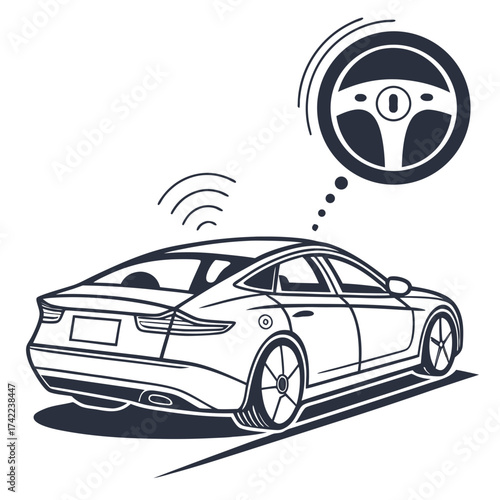 Modern autonomous vehicle concept with wireless signals indicating smart technology and self driving capabilities in a clean graphic style