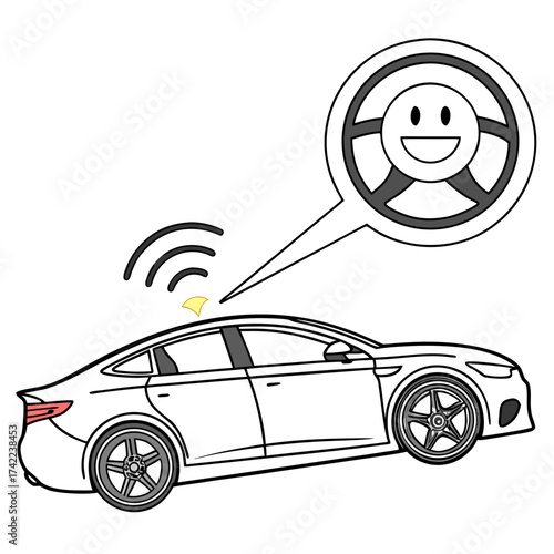 Modern autonomous vehicle communicating wirelessly with a happy steering wheel icon suggesting safe and enjoyable self driving technology