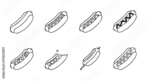 Hand drawn hot dog collection various toppings and styles delicious fast food elements vector