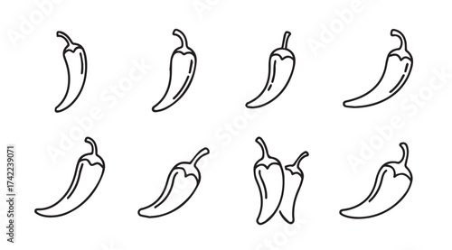 Set of hand drawn chili pepper icons in various poses and styles for food design vector