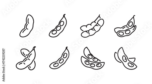 Edamame pods collection hand drawn sketch style food ingredient organic vegetable vector
