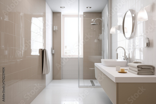 Wallpaper Mural Photorealistic modern bathroom, wide-angle view focusing on the shower splashback. Seamless glossy light brown with a hint of white splashback Torontodigital.ca