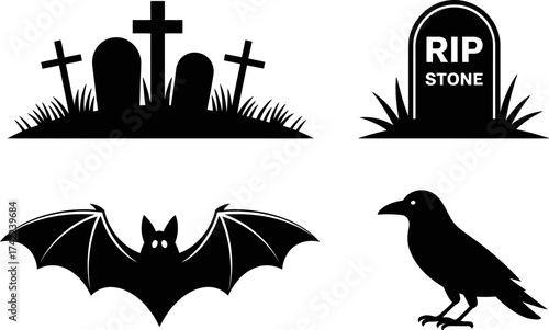 Spooky Halloween silhouettes featuring gravestones, a bat, and a crow for a festive and eerie holiday celebration.