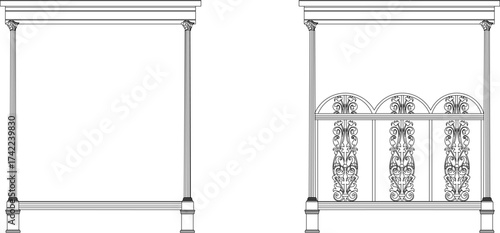Vector sketch illustration silhouette of wooden furniture design with classical mythology decoration ornament vintage neoclassical abstract modern