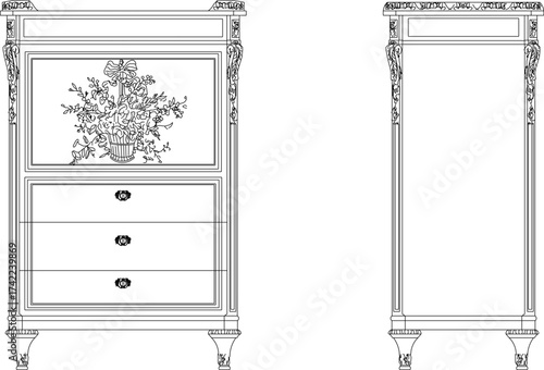 Vector sketch illustration silhouette of wooden furniture design with classical mythology decoration ornament vintage neoclassical abstract modern 