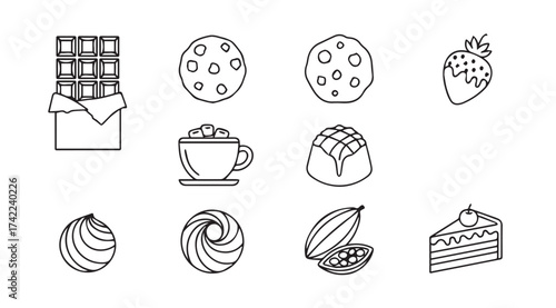 Set of hand drawn sweet confectionery icons chocolate cookies strawberry coffee cup cakes cacao vector