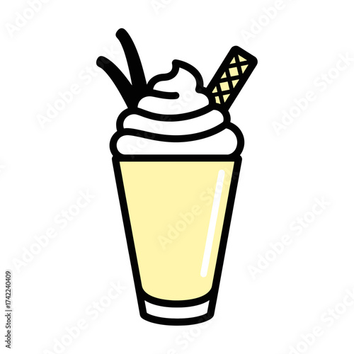 Delicious vanilla milkshake with whipped cream and wafer stick refreshing drink.