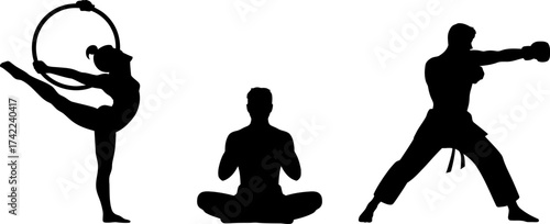Silhouettes of diverse athletes practicing aerial dance, meditation, and martial arts