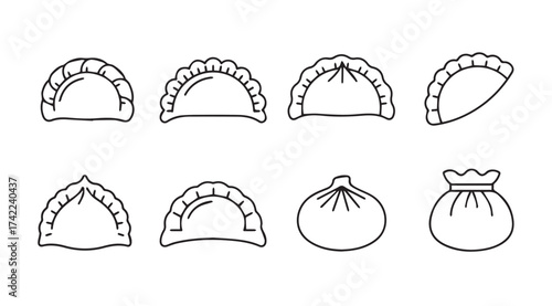 Diverse dumplings collection delicious asian food hand drawn line art set vector