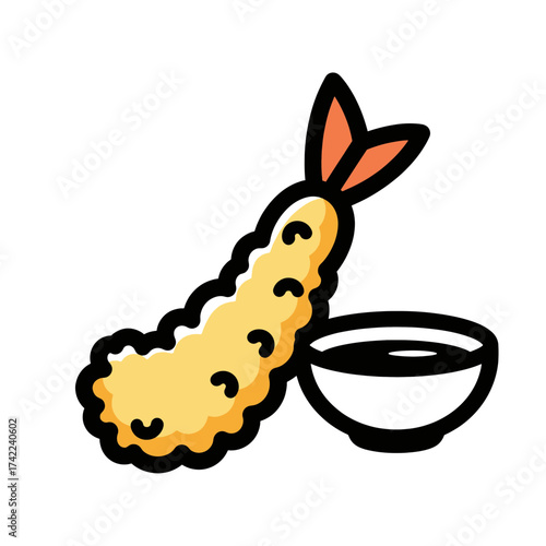 Tempura shrimp with dipping sauce Japanese cuisine illustration.