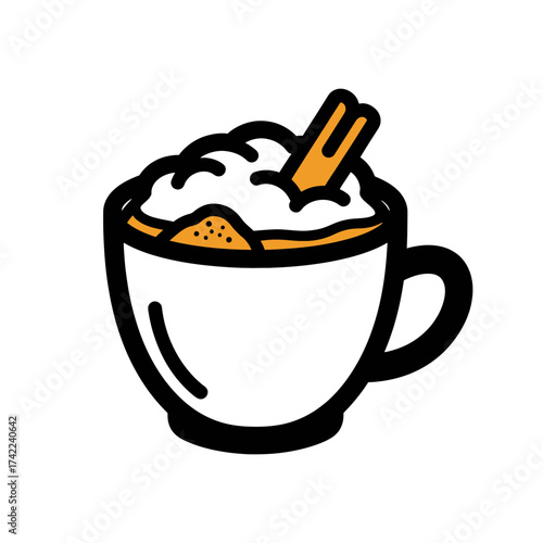 Delicious warm beverage with cinnamon stick and whipped cream in a white mug.