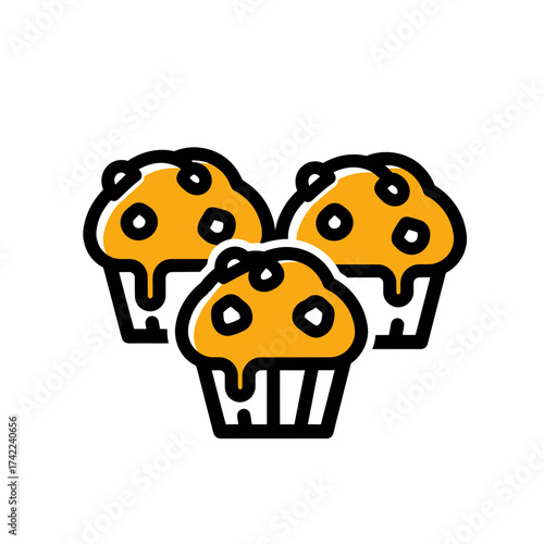 Three delicious muffins with a black outline and a yellow filling.