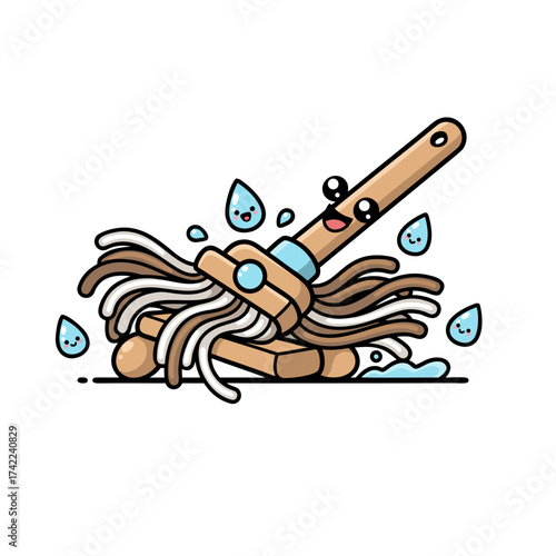 Cute kawaii mop character cleaning a wet floor with water splashes vector illustration