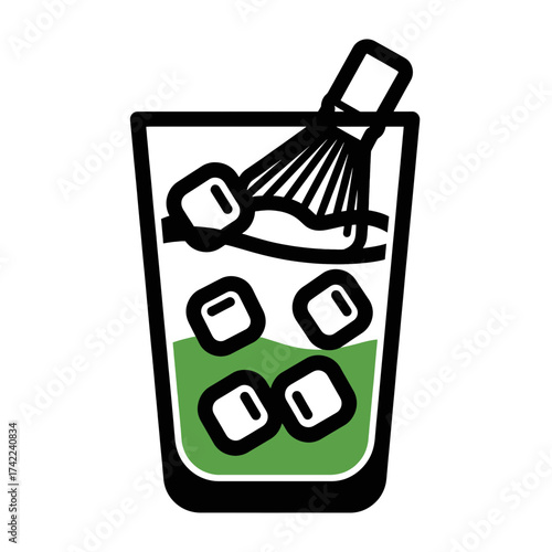 Matcha drink with ice cubes and a whisk refreshing beverage illustration.