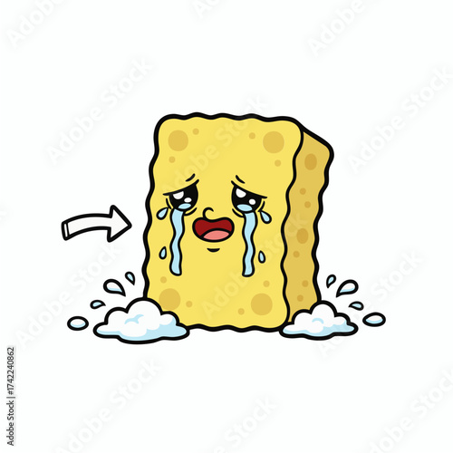 Sad cartoon cleaning sponge character crying with soapy tears and bubbles