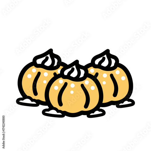 Three delicious cream puffs with white cream on top food illustration.